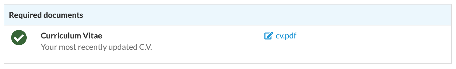 required documents section displaying uploaded CV file